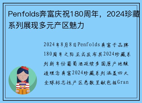 Penfolds奔富庆祝180周年，2024珍藏系列展现多元产区魅力