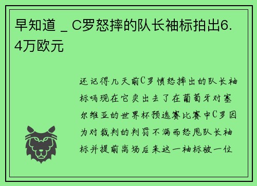 早知道 _ C罗怒摔的队长袖标拍出6.4万欧元